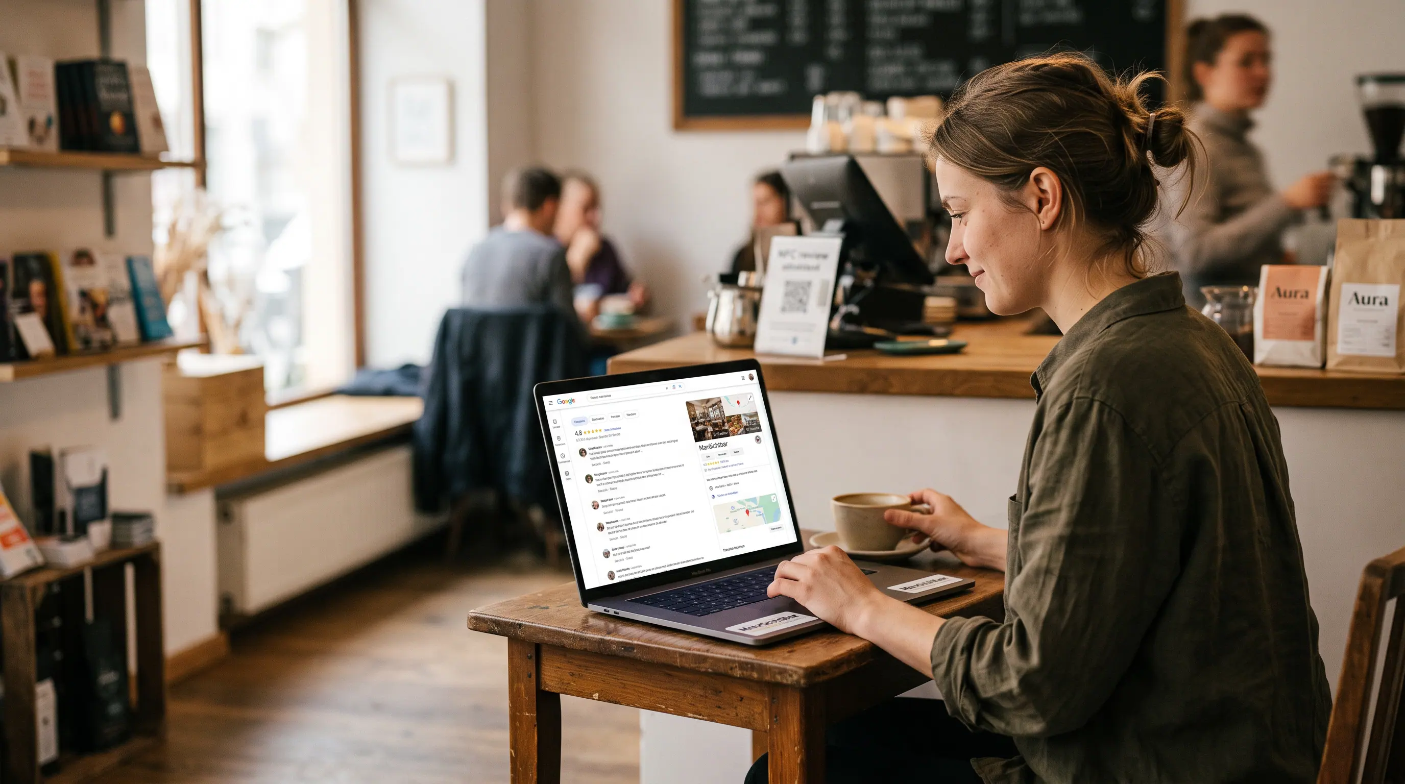 Gast recherchiert ein lokales Unternehmen auf einem Laptop im Café.