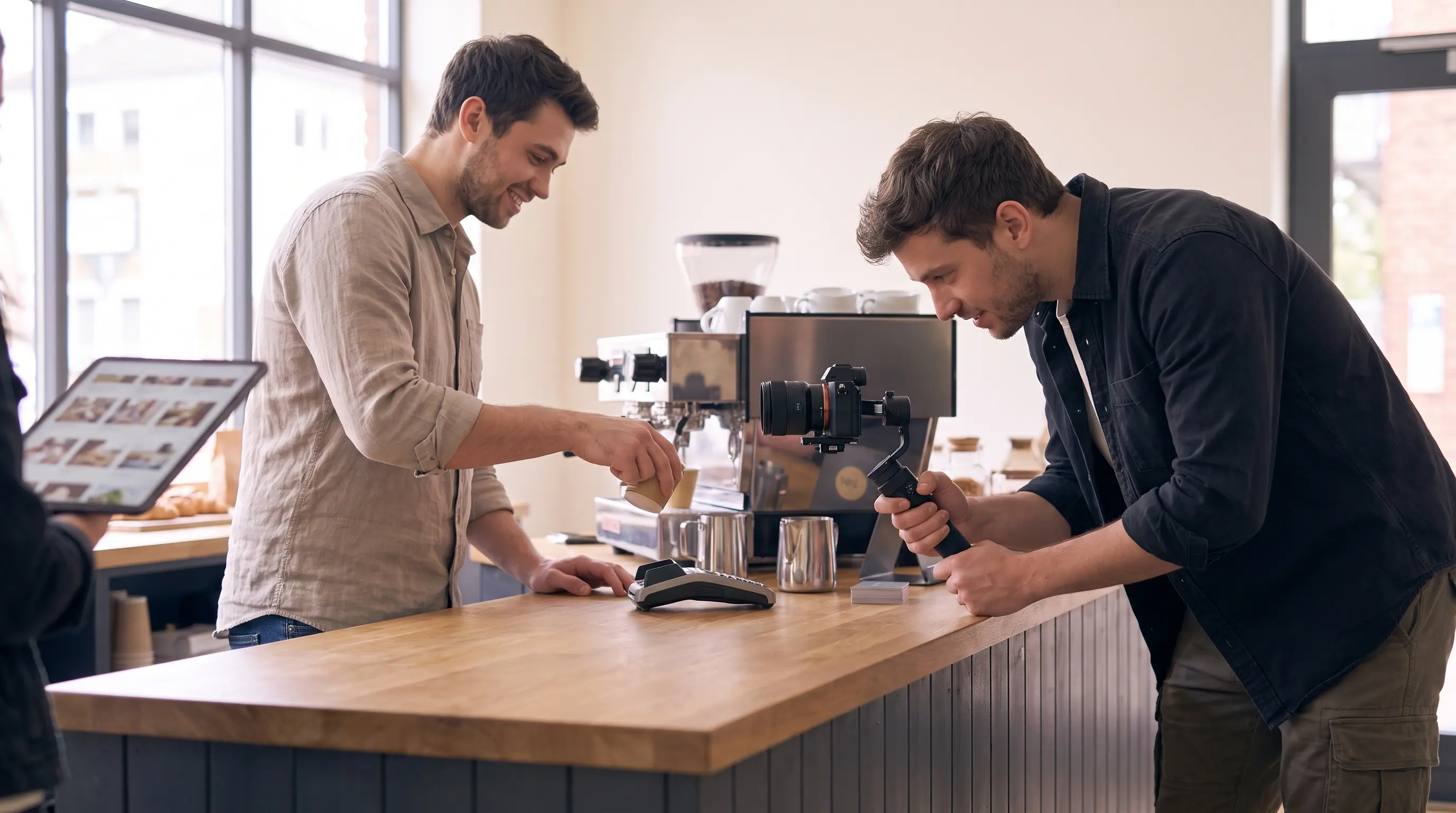Fotograf filmt einen Barista bei der Zubereitung an der Kaffeebar.