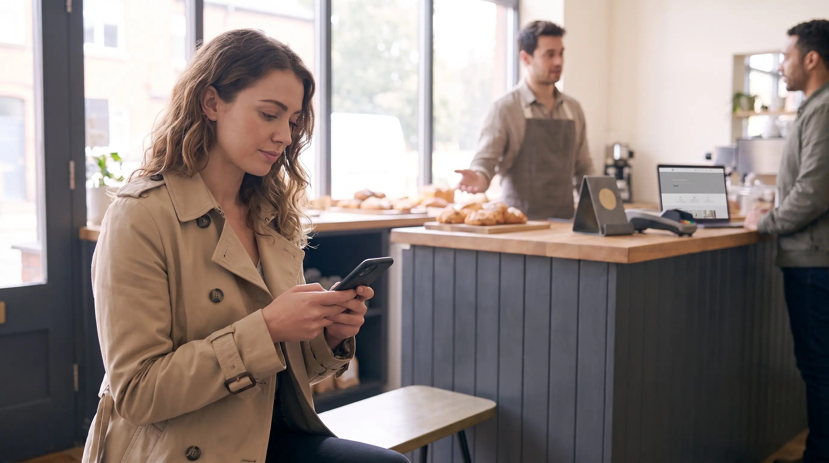 Gästin wartet im Café mit dem Smartphone, im Hintergrund bedient das Personal.
