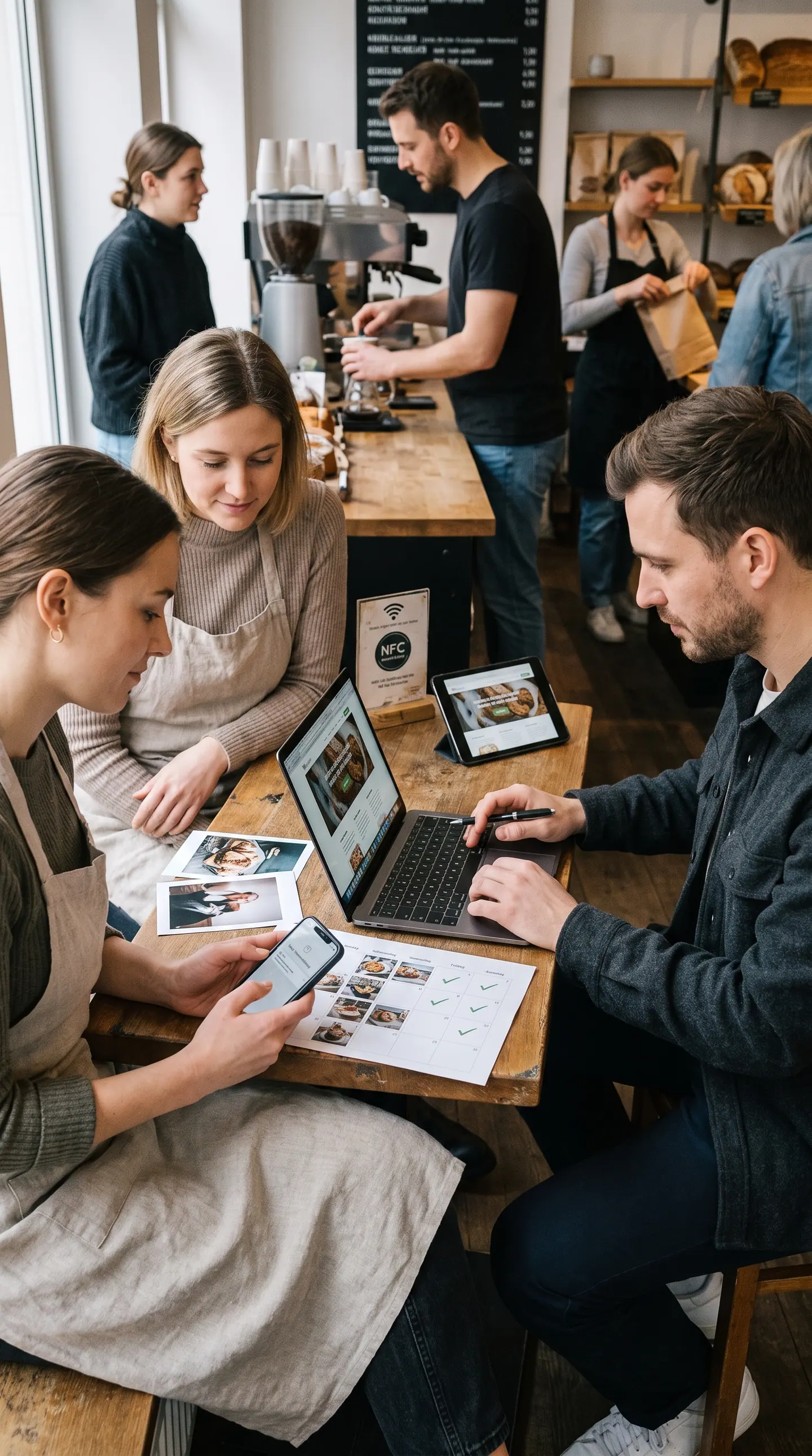 Team plant gemeinsam Inhalte über Laptops und Ausdrucke im Café.