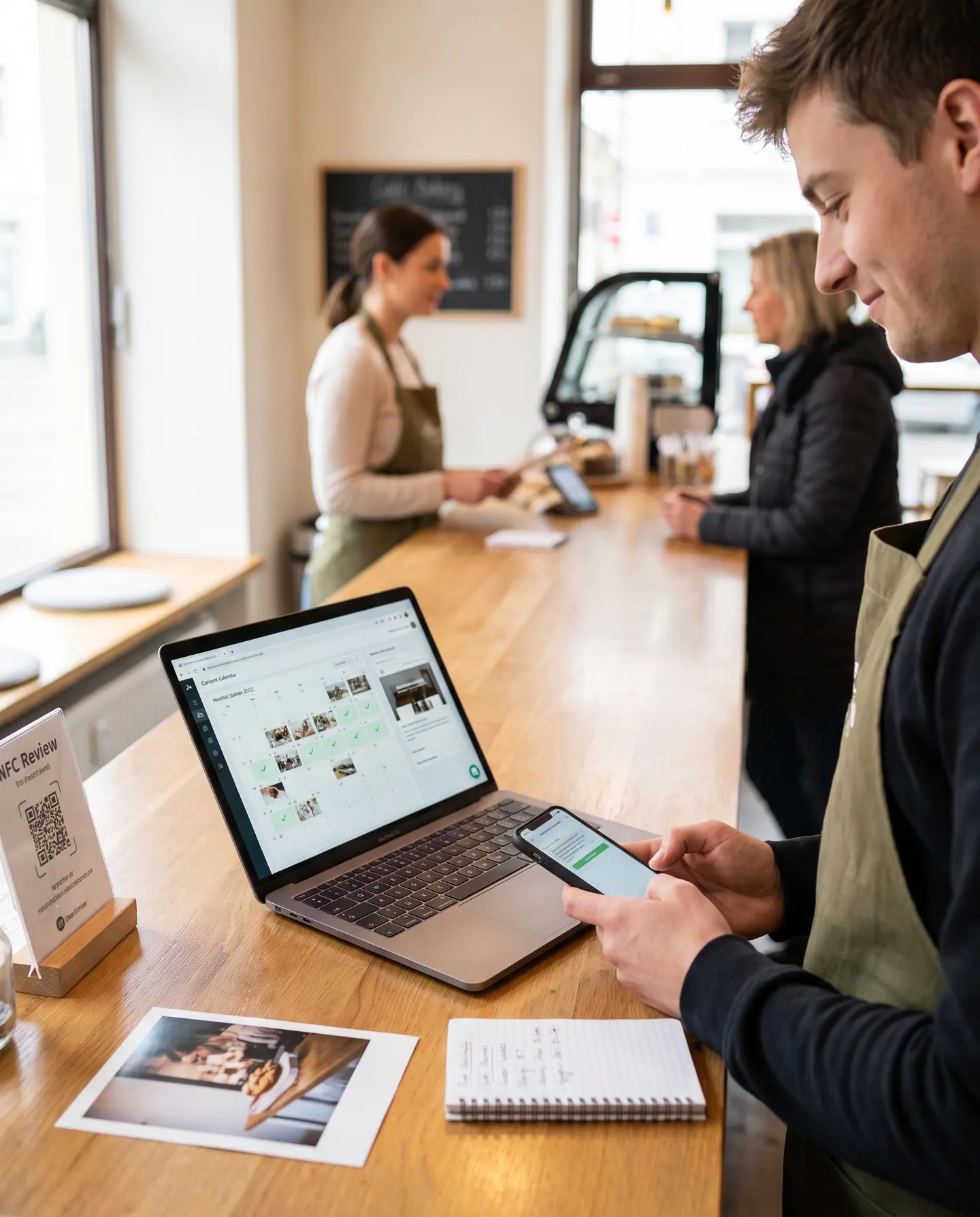 Inhaber plant Inhalte und Beiträge auf Laptop und Handy.