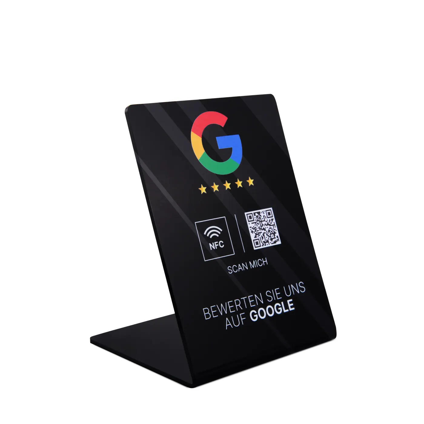 NFC-Bewertungsaufsteller in der dunklen Variante.
