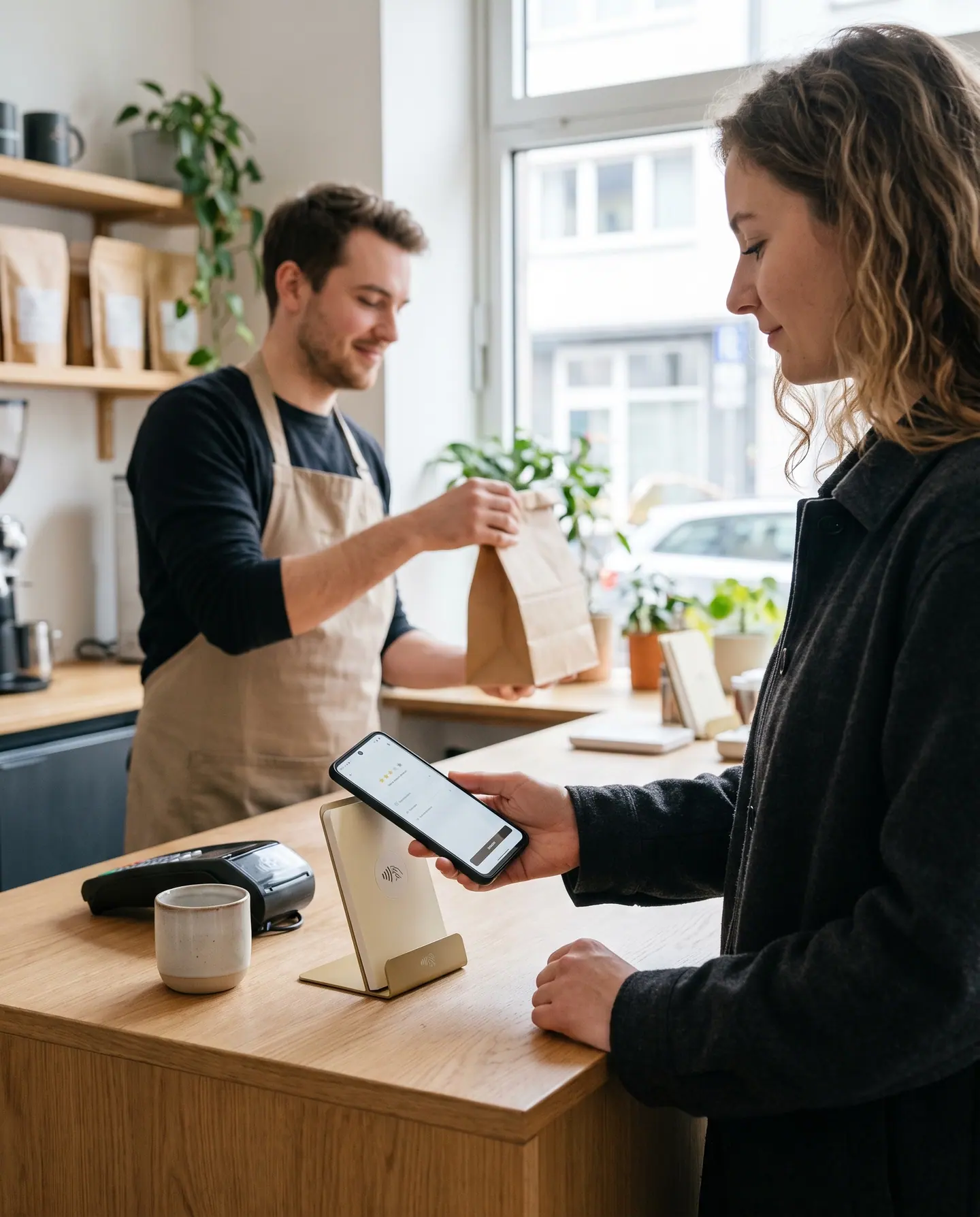 Gästin tippt ihr Smartphone an einen NFC-Bewertungsaufsteller, während das Personal eine Bestellung übergibt.