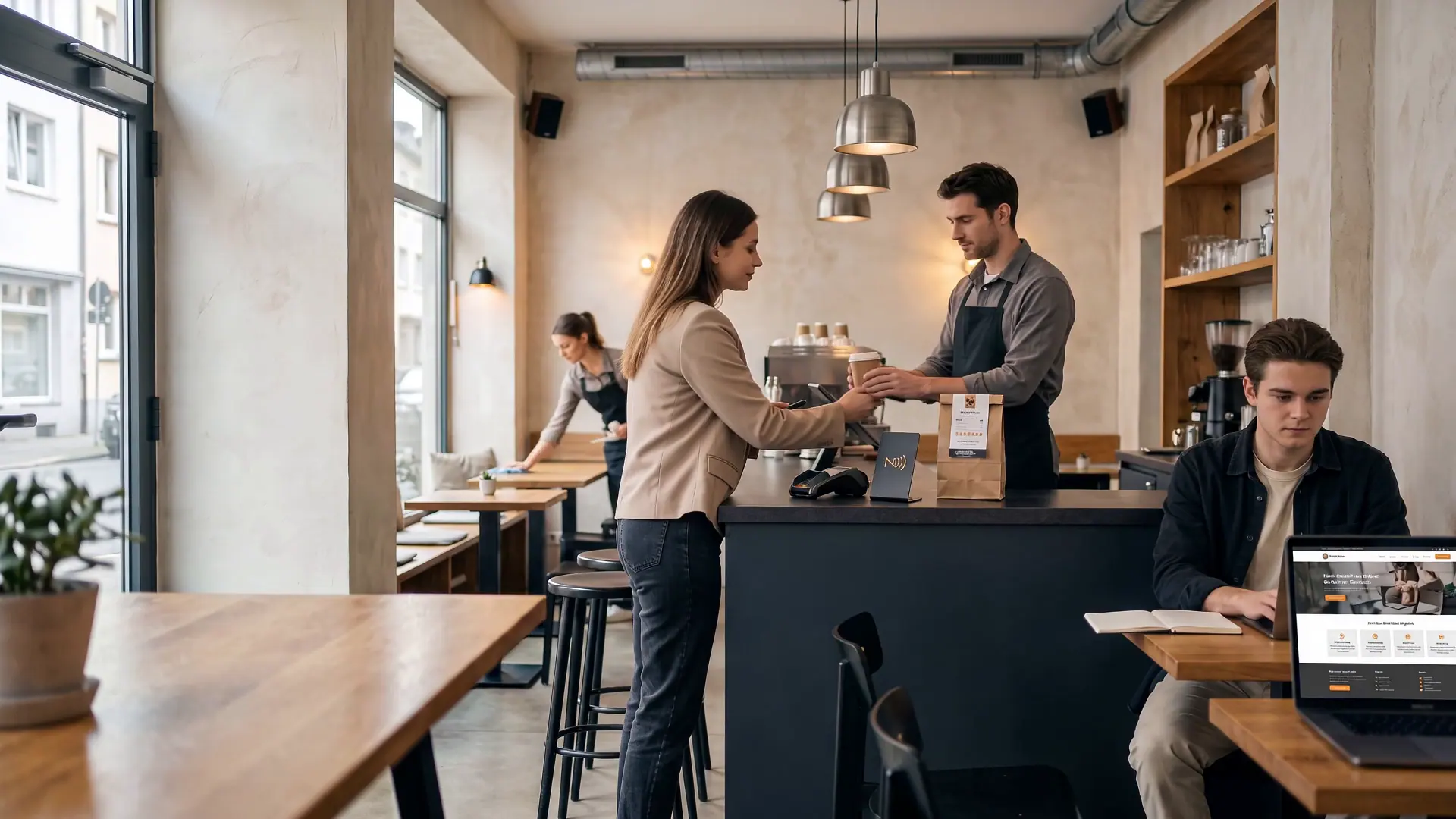 Café-Theke: Gästin erhält ihren Kaffee vom Barista, daneben der NFC-Bewertungsaufsteller.
